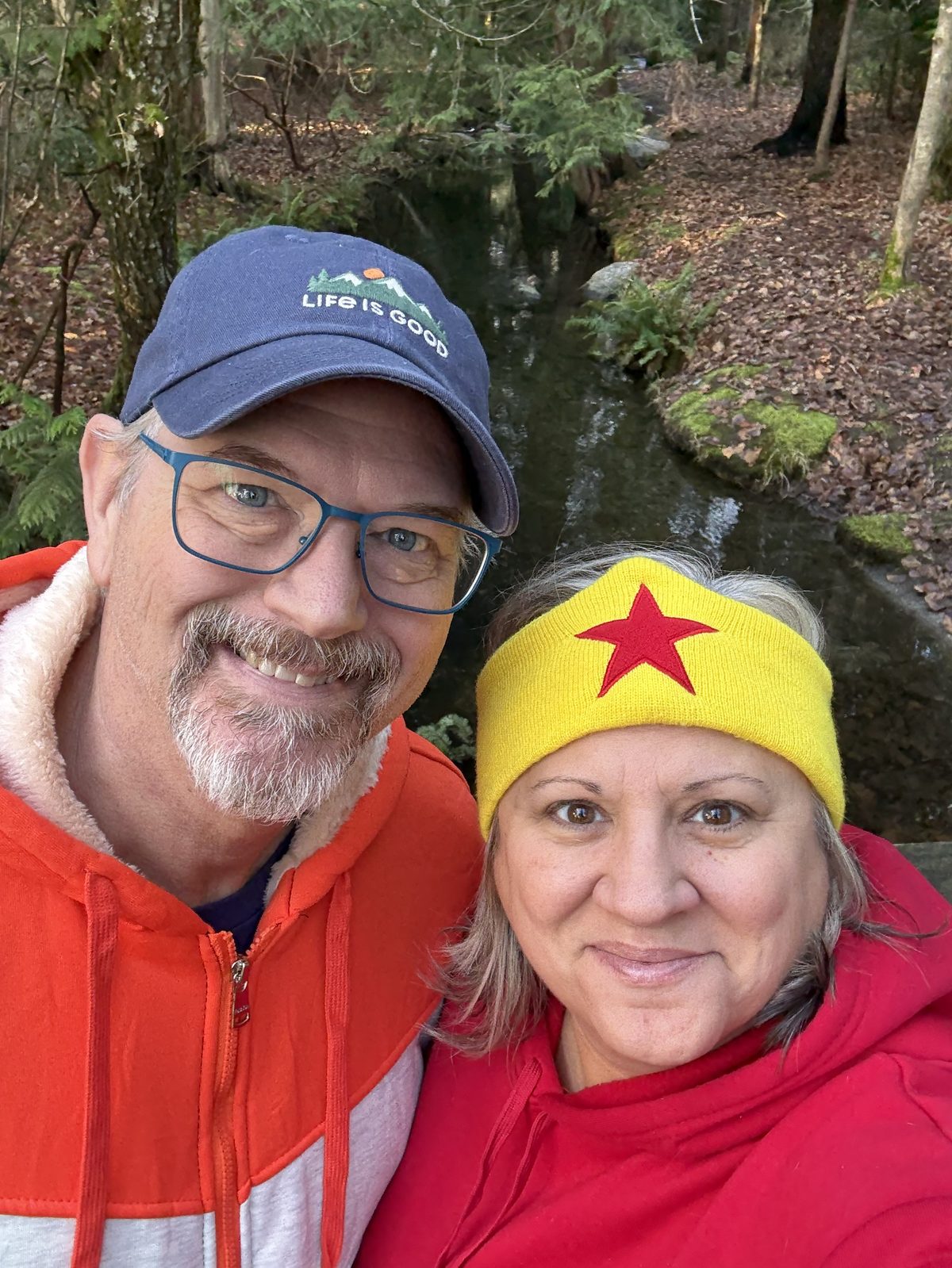 Eva and Moose hiking — Eva wearing a Wonder Woman headband
